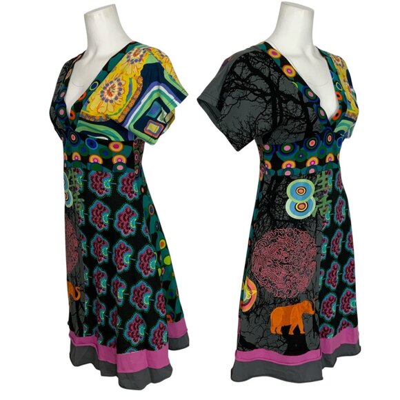 Desigual Dress S Colorful Embroidered Short Sleeve Tiered V-Neck Art To Wear - Picture 3 of 13